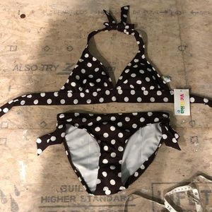 Brown and white polka dot bikini. Large. NWT